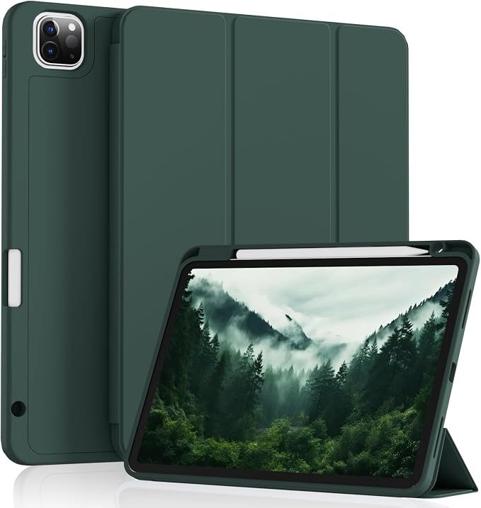 Case for iPad Pro 11 Inch 4th/3rd/2nd Generation 2022/2021/2020 | Slim Soft TPU Back Cover with Pencil Holder Three-Stage Folding Support Pencil Charging Auto Sleep/Wake Black