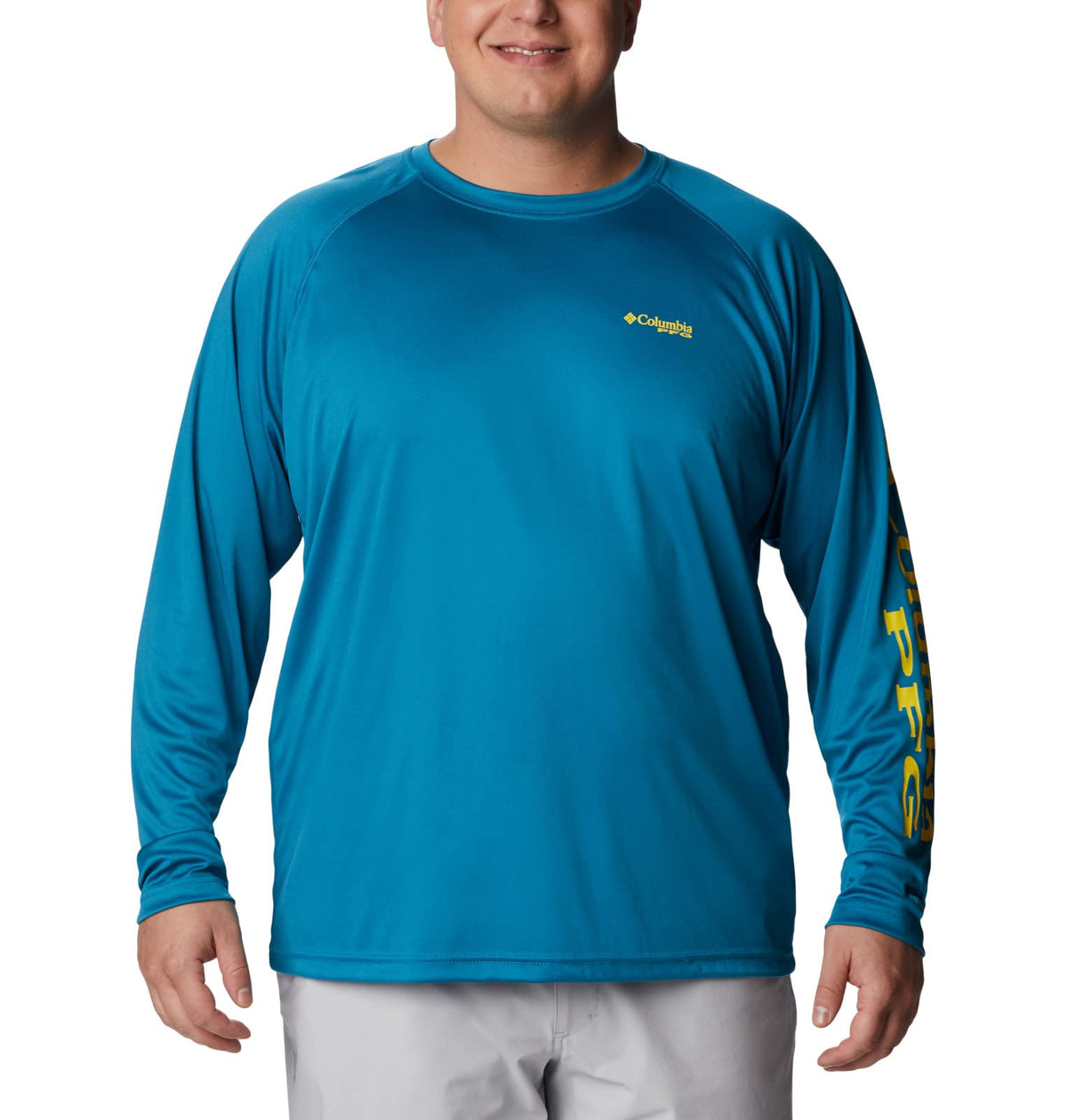 Columbia Men's Terminal Tackle Long Sleeve Shirt, Deep Marine/Laser Lemon Logo, 2X Tall
