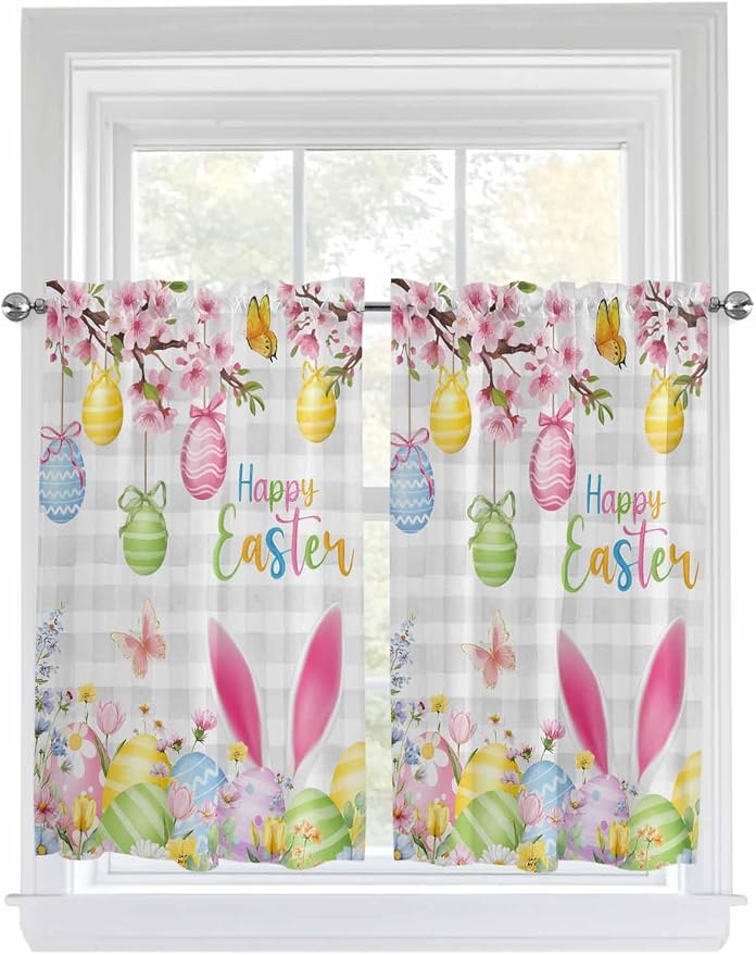 Happy Easter Tier Curtains 45 Inches Long, Spring Watercolor Bunny Eggs Flower