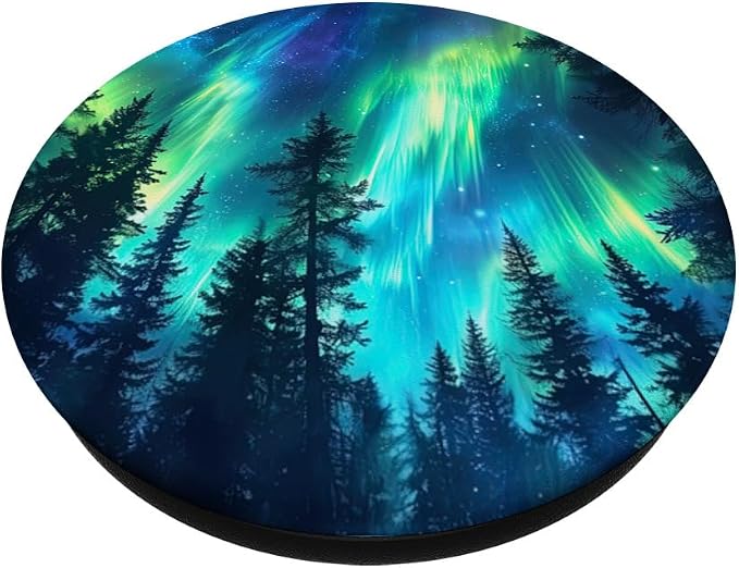 Aurora Northern Lights Pine Tree Teal Mountain Forest Nature PopSockets MagSafe PopGrip for iPhone