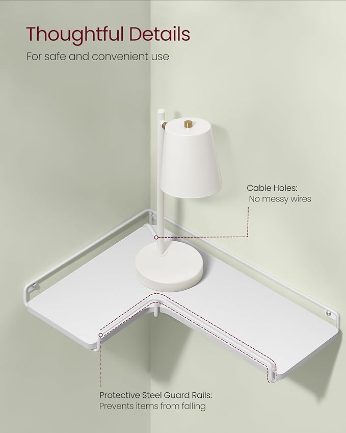 VASAGLE Corner Shelf Wall Mount Set of 2, Corner Floating Shelves, Small Corner Wall Shelf for Decor Storage, for Living Room Bedroom Kitchen Bathroom, Cloud White ULLS831W14