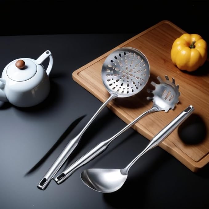 Houhil, 316 Stainless Steel Cooking Tool Set: saute pan spatula ladle, skimmer slotted, pasta, serving spoon, slotted spatula seasoner, dishwasher safe.