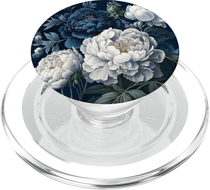 Navy Blue Peonies Blossom Leaves White Flowers Floral Girly PopSockets Adhesive PopGrip