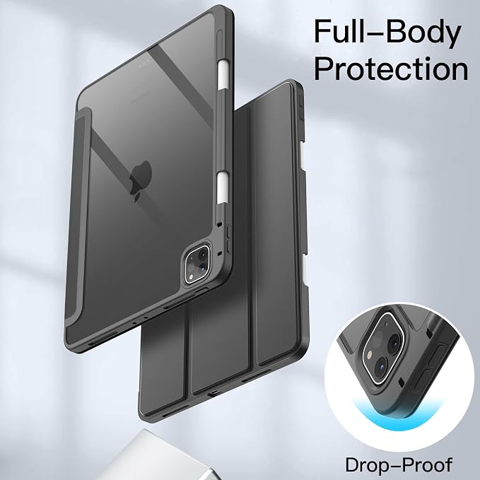JETech Case Cover for iPad Pro 11 4/3/2/1 Black | For 2022/2021/2020/2018 Model Clear Back Pencil Holder Slim Shockproof Tri-Fold Stand Auto Wake/Sleep