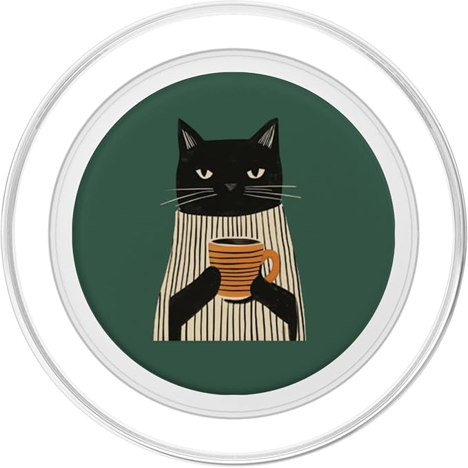 Black Cat Holding Coffee Cup Illustration PopSockets Adhesive PopGrip