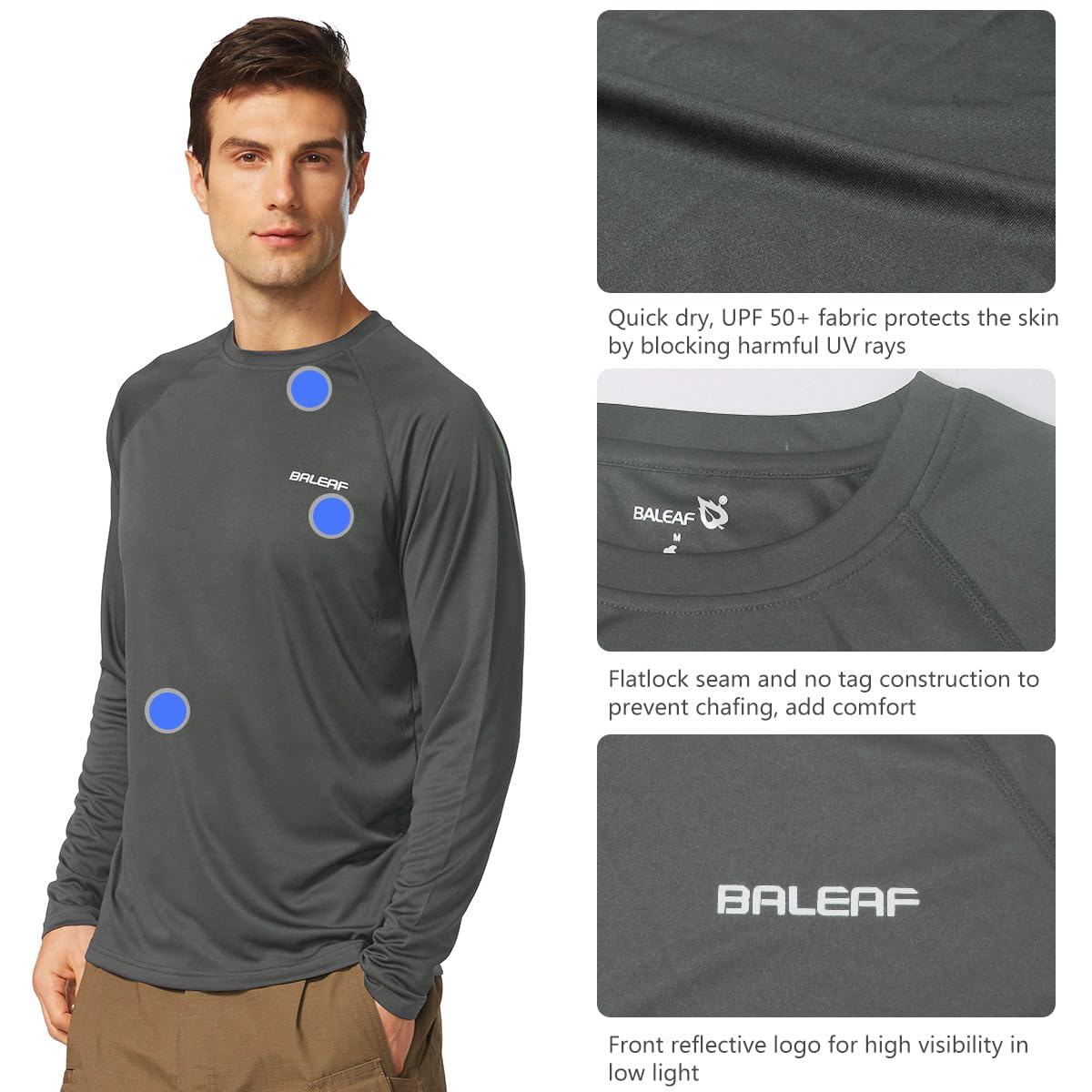 baleaf Mens UPF 50+ Sun Protection Shirts Long Sleeve Rash Guard, Quick Dry 4-Way Stretch for Fishing Swimming Surfing 01-Deep Gray M