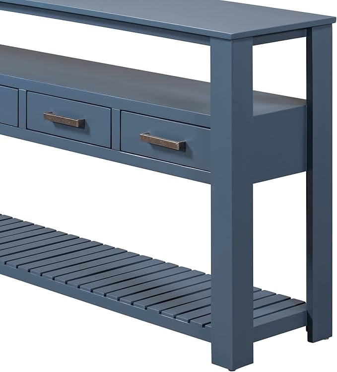 Modern Console Table 62-Inch Long Narrow Sofa Entry Table with Drawers & Open Shelves for Living Room Entryway (Navy Blue)