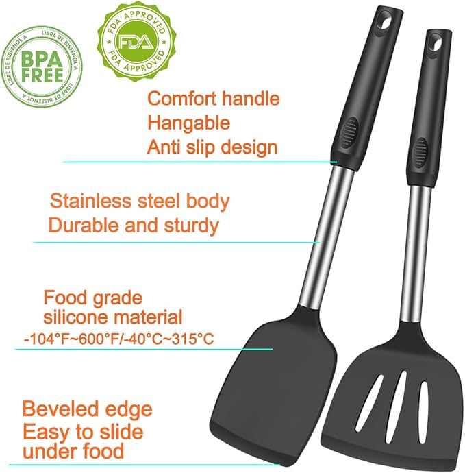 KLAQQED 5Pcs Silicone Spatula Heat Resistant Long Large Spatulas Set for Nonstick Cookware, Rubber Pancake Fish Turner Spatula for Kitchen Use Silicone Cooking Kitchen Utensils Set Black