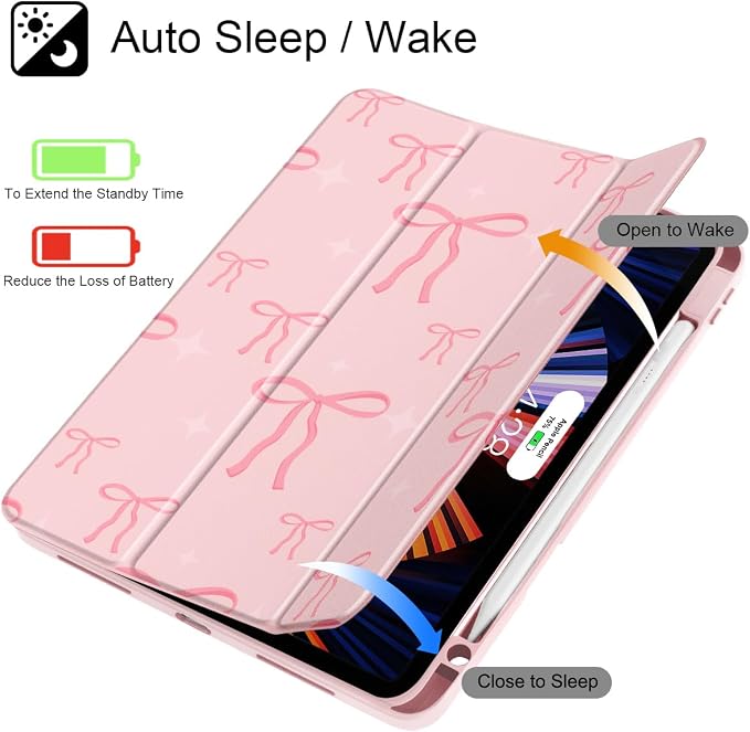 May Chen Case for iPad 12.9 Inch (6th/5th/4th/3rd Generation 2022/2021/2020/2018) Pencel Holder + Trifold Support Auto Sleep/Wake Transparent Shockproof Back Cover Blue Bows