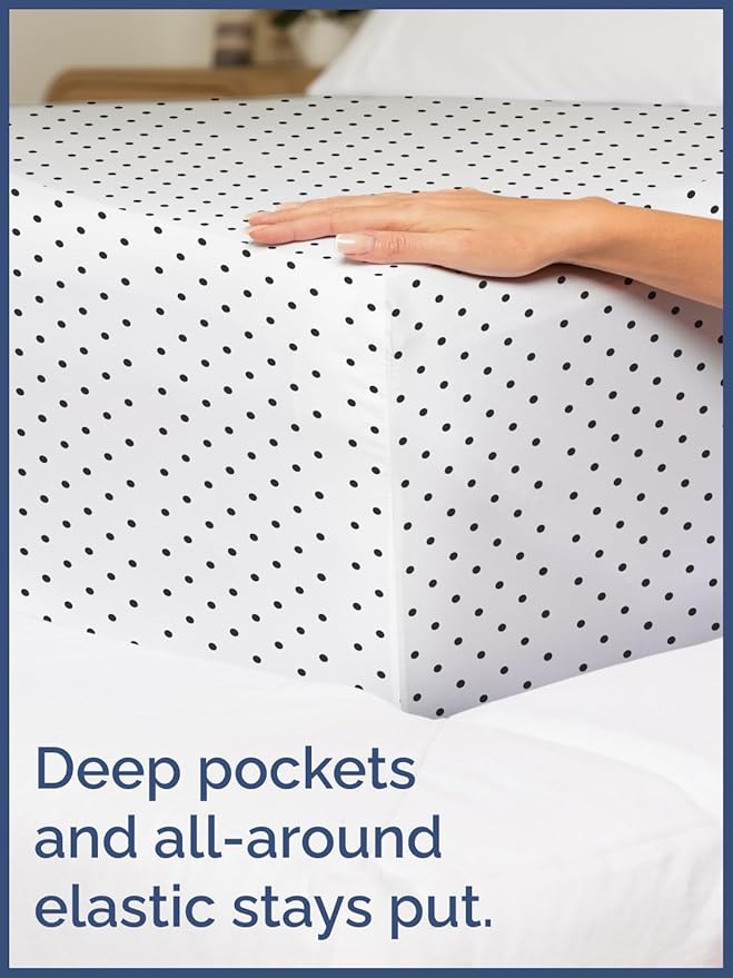 Kids Black Polka Dots Twin 3 Piece Sheet Set - Boys, Girls, Teens, Toddler - Easy Fit Deep Pockets - Breathable, Hotel Quality Sheets - Machine Washable - Wrinkle Free - Cute, Cozy, Soft - CGK Linens