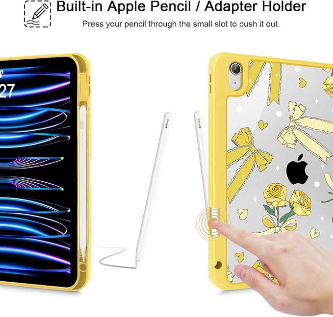 Tuiklol for iPad Pro 11 Inch 4th / 3rd / 2nd / 1st Gen (2022 2021 2020 2018) Case -Built-in Pencil Holder Shockproof Cover Clear Transparent Back Shell with Auto Wake/Sleep Black Flower