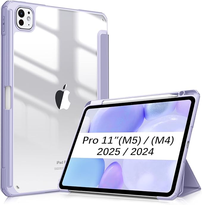 Fintie Hybrid Slim Case for iPad Pro 11-inch (M5) 2025 / (M4) 2024 - [Built-in Pencil Holder] Shockproof Protective Cover with Clear Transparent Back Shell, Lilac Purple
