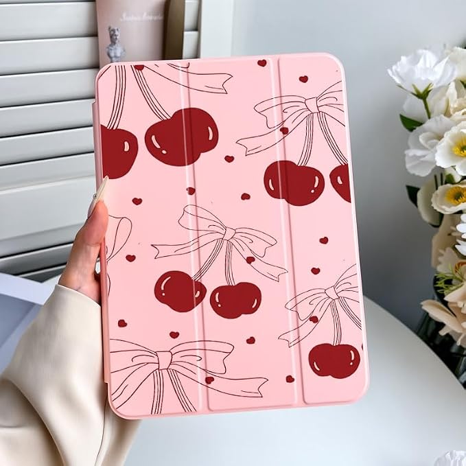iPad Pink Case for iPad Pro Generation 11Inch 2018/2020/2021/2022 with Pencil Holder-[Auto Wake/Sleep] Trifold Stand Soft TPU Protective Cover Cute Cherry Bow