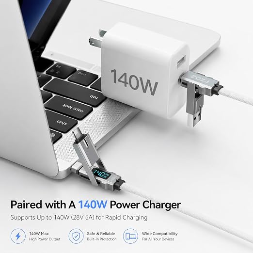 pzoz 4-in-1 Multi Charging Cable with LED Display One Cable for USB-C &amp Lightning Devices 60W Fast Charging Cord USB A/C to USB C/Lightning for iPhone 17/16/15 iPad MacBook Samsung(5 ft)