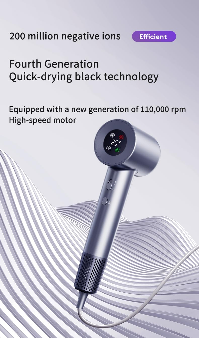 Hair Dryer, 110000 RPM Professional High Speed Blow Dryer Negative Ionic Care Hair Dryer for Fast Drying, Low Noise, HD Display Hairdryer for Curly Straightener, Thermo-Control Hairdryer with Nozzle