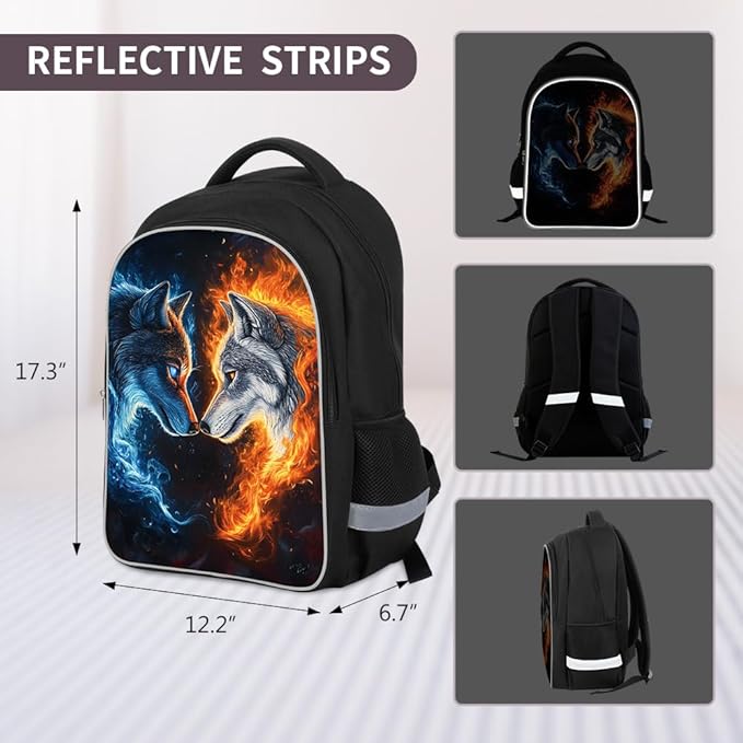 Kids Backpack for Boys Girls - 3pcs 17″ Boys Backpack with Lunch Box Set for Toddle Elementary Middle School - Students Bag for Ages 6-18 Wolf Bookbag Travel Back Pack