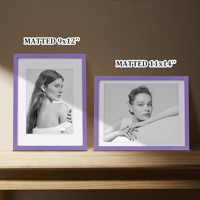 Egofine 12x16 Picture Frame Made of Solid Wood, Display Covered by Plexiglass, Display Pictures 9x12/11x14 with Mat or 12x16 Without Mat for Wall Mounting, Purple