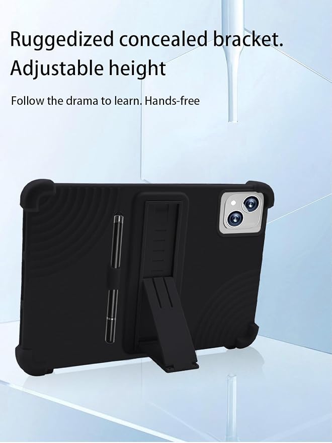 for NRKDUBQ J12A Android 15 Tablet11 inch Tablets CaseUYRUREL Soft Silicone Adjustable Stand Cover Lightweight Kids Friendlywith Capacitive PenBlack.