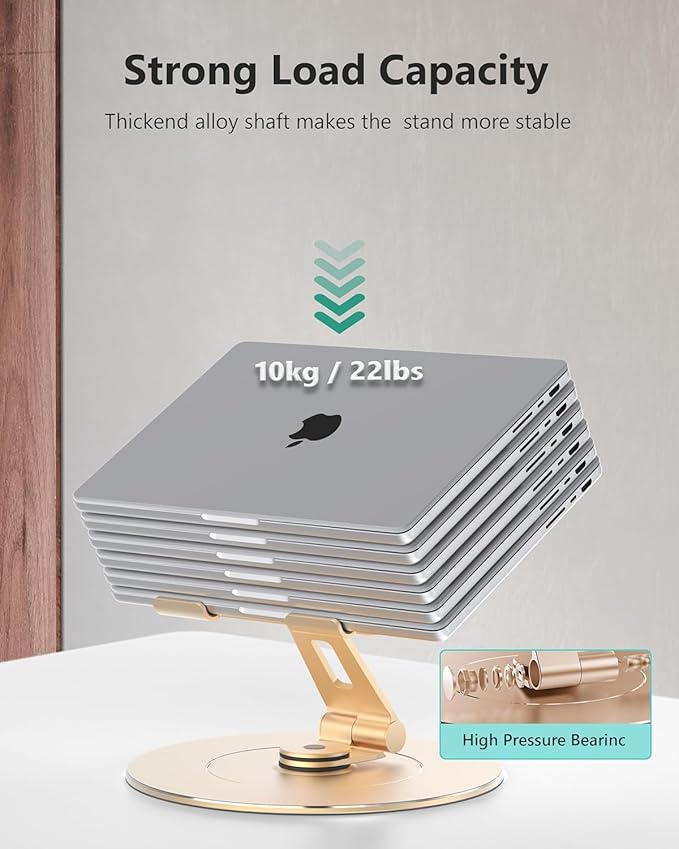 Ultra-Stable Aluminumy Laptop Stand for Desk with Foldable Phone Holder, 300% Large Base Stability, Anti-Loosening,Suitable for 10"-17.3" Laptops, Champagne Golden