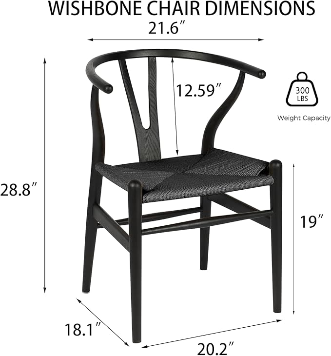 Tomile Wishbone Chair Y Chair, Wooden Dining Chairs, Mid Century Modern Chairs with Arms, Solid Wood Weave Seat Kitchen & Dining Room Chairs (Ash Wood - Black)