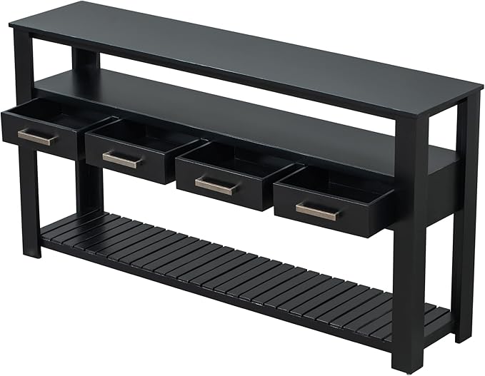 Modern 62'' Console Table Sofa Entryway Table with 4 Drawers and 2 Shelves, Acacia Wood Kitchen Buffet Cabinet Sideboard, Accent Table Furniture for Entryway Kitchen Living Room (Black-4DE)