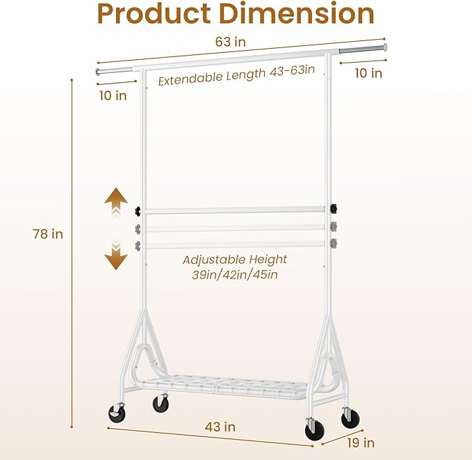 Double Rods Clothing Rack, Heavy Duty Clothes Rack for Hanging Clothes Load 560LBS, Metal Rolling Garment Racks with Wheels, Freestanding Clothes Hanging Racks, White