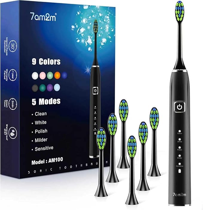 7AM2M Ultrasonic Electric Toothbrush with 6 Brush Heads for Adults&Kids, One Charge for 120 Days, USB-C Charge, 5 Modes, 40000VPM Powered Toothbrush, 2 Minutes Built in Smart Timer (Black)