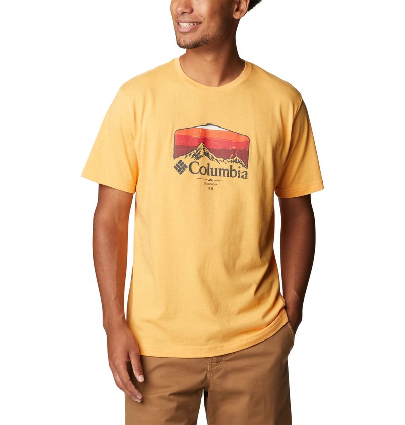 Columbia Men's Thistletown Hills Graphic Short Sleeve, Mango Heather/Hikers Graphic, 4X Big