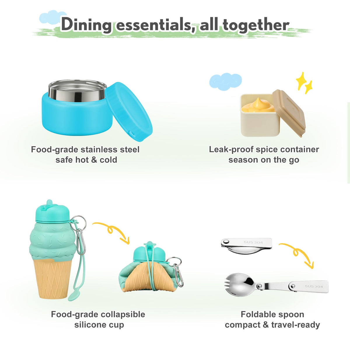 HAWEEK Lunch Box Kids with 5 Compartments, Insulated Food Jar & Utensil & Sauce Container & Lunch Bag & Silicone Collapsible Cup, Leak Proof Bento Box, BPA-Free & Dishwasher Safe-Blue