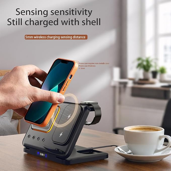 IHAO 3in1 Multifunctional Foldable Wireless Charging Station with LED Ambient Night Light Fast QC3.0 Charger for Phone iWatch Headphone Space-Saving Auto-Shutoff &amp Overcharge Protection-Black