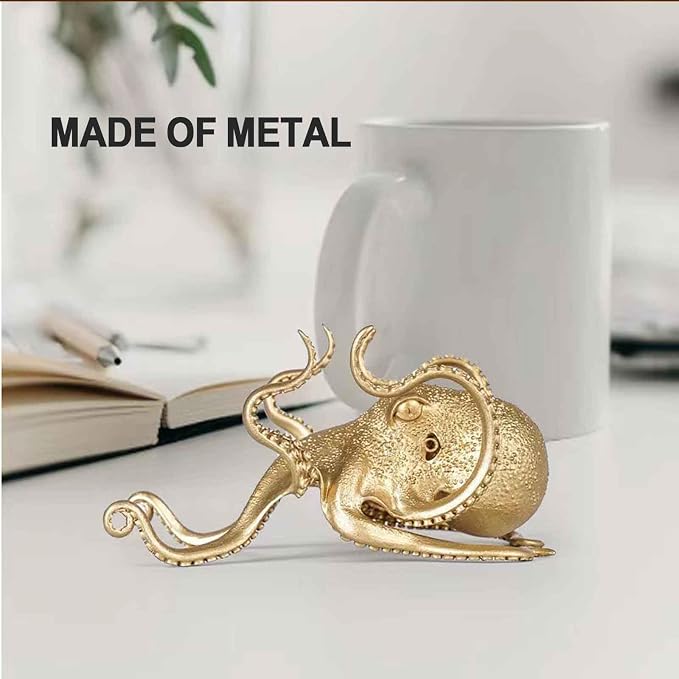 Octopus Mobile Phone Holder Multifunctional Octopus Holder Phone Stand Pen Holder Octopus Statue Animal Sculpture Collectibles Desk Decor Ornaments (Gold)