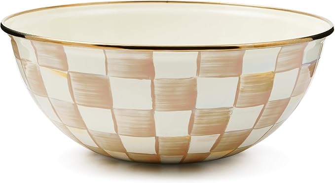 MACKENZIE-CHILDS Enamel Everyday Bowl, Serving Bowl for Entertaining, Medium, Brown-and-White Mocha Check