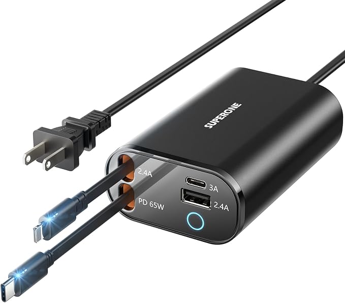 SUPERONE Retractable Charger 104W GaN Desktop Charger PD 65W for Laptop | 4 in 1 Compact Charging Station Retractable USB C &amp Apple Cables 5FT Extension Cord Fast Charging for iPhone/Pixel/Ma