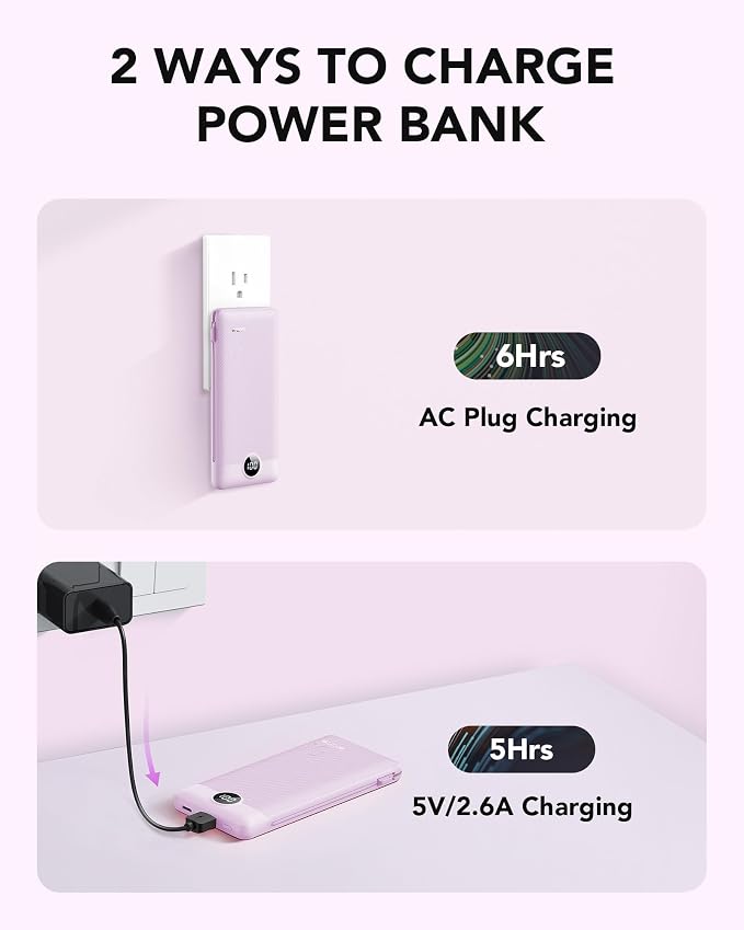 VRURC Portable Charger Power Bank Built-in Cables and AC Wall Plug | USB C Portable Bank 10000mAhTravel Essentials Phone Charger Compact External Battery Pack for Smart PhonesTablets-Black