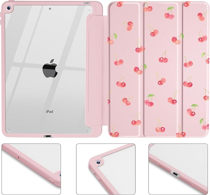 Cute Cherry Case for iPad 5th/6th Generation 9.7 inch Clear Hard Back Cover with Pencil Holder Tri-fold Stand Full Wrap Protective Case for Women Girls Pink Cherry/Pink Case
