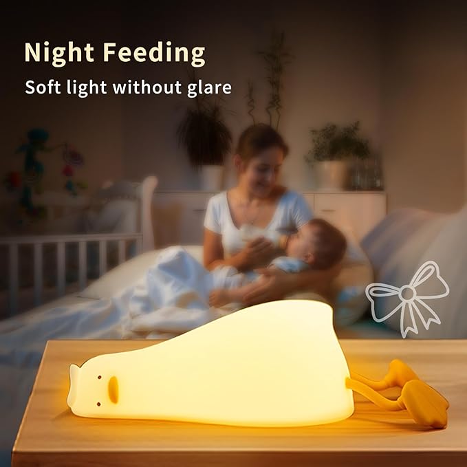 AVACOM Squishy Night Light, Lying Flat Duck Night Light, Travel Nightlight, 3 Level Dimmable Nursery, Rechargeable Bedside Touch Lamp for Breastfeeding Toddler Baby Kids Decor