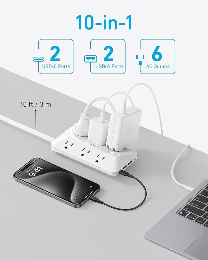 Anker Power Strip with 300J Surge Protector, Flat Plug Extension Cord with Multiple Outlets, 6 AC, 2 USB A & 2 USB C Ports for 20W, 10ft Outlet Extender, Dorm Room Essentials, Home Office