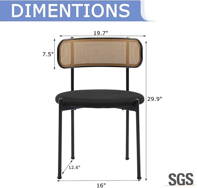 Rattan Dining Chairs Set of 8, Mid Century Modern Dining Chairs with Cane Back and Boucle Upholstered Seat, Farmhouse Kitchen Chairs for Dining Room and Living Room, Black