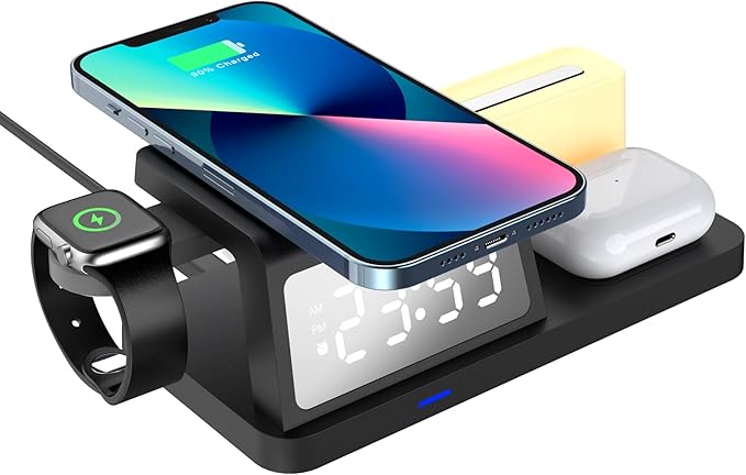 FJHBL Multi-Functional Wireless Charger with Clock -HT309(Black), Alarm, Color-Switchable Night Light, 15W Wireless Charging, Compatible with Almost All Qi-Enabled Phones, Watches, and Earbuds.