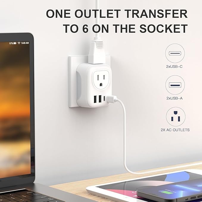 2 Pack European Travel Plug Adapter, VYLEE International Travel Adapter with 2 Outlets 4 USB Ports(2 USB C), 6 in 1 Type C Travel Essentials Charger for US to Most of Europe EU Italy Spain France