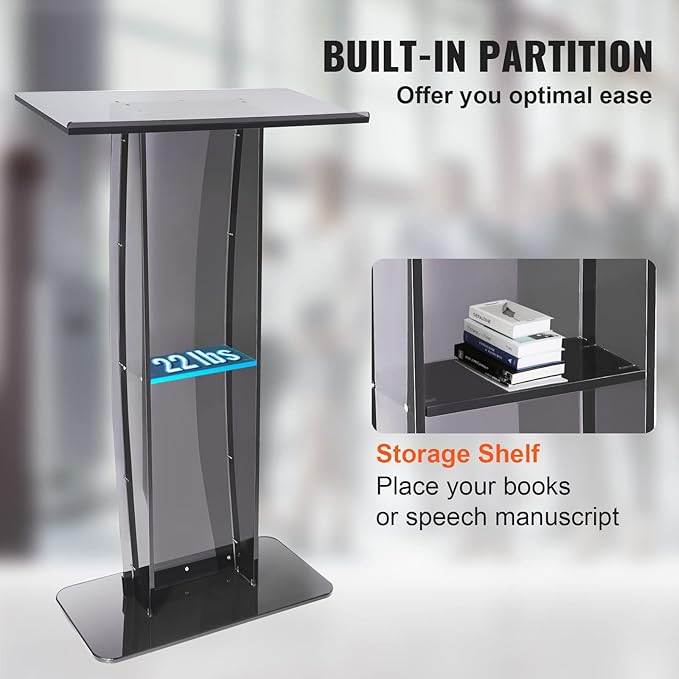 VEVOR Acrylic Podium, 47" Acrylic Podium Stand with Wide Reading Surface & Storage Shelf, Floor-Standing Clear Pulpits Acrylic for Church Office School, Black