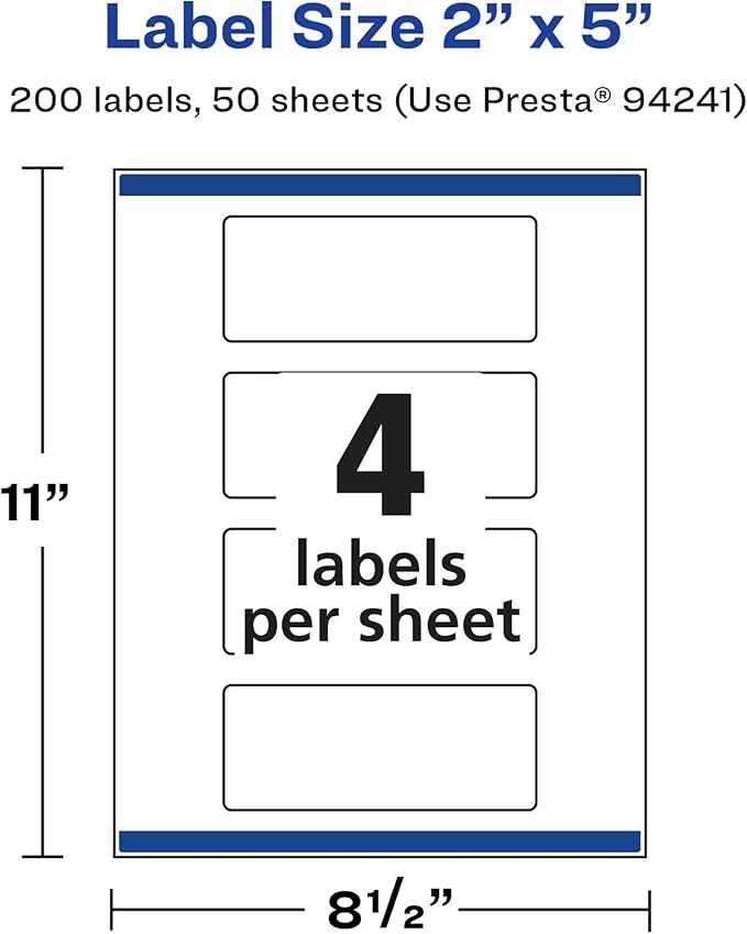 Avery Glossy White Rectangle Labels, Sure Feed Technology, 2" x 5", 200 Glossy White Labels, Print-to-The-Edge, Permanent Adhesive, Laser/Inkjet Printable