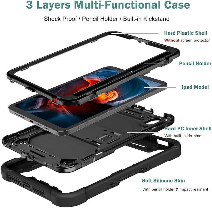 MAKEIT Case for iPad mini 7 (A17 Pro) 2024 iPad mini 6 Case (8.3-Inch2021 Model) with Pencil Holder Heavy Duty Shockproof Full Body Protective Case with Stand for iPad mini 6th/7th Generation Case