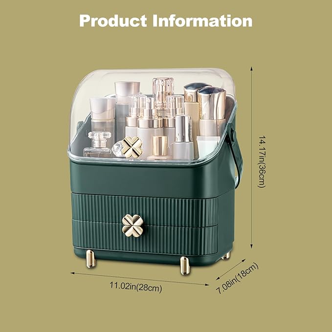 Ergocar Four Leaf Clover Series Make Up Case Dustproof Cosmetic Storage Box, Cosmetics Skin Care Products Multi-Function Jewelry Organizer Case - green