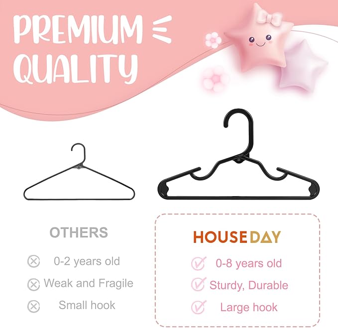 HOUSE DAY Plastic Baby Hangers for Closet 60 Pack, Durable Plastic Kids Hangers for Baby Clothes, Thin & Compact Childrens Hangers, Space Saving Black Baby Hanger, Small Hanger for Kids Clothes