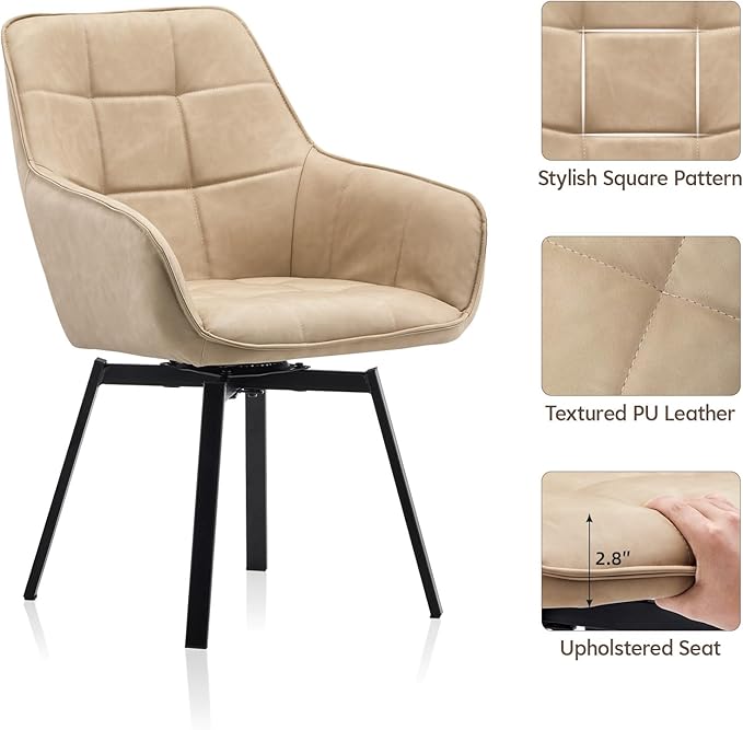 TUKAILAi Swivel Dining Chairs Set of 2, Faux Leather Upholstered Mid Century Accent Chairs with Metal Legs, Rotatable Kitchen Chair for Home Kitchen Restaurant (Cream)