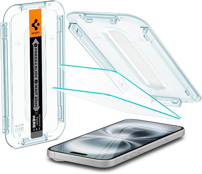 Spigen GlasTR EZ FIT Screen Protector for iPhone 16/15 | 9H+ tempered glass Scratch resistance auto-align tray Lab-tested 100% clarity Original touch Case-friendly 2 Pack