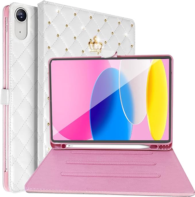 for iPad (A16) 11th Gen 11 Inch 2025/iPad 10th Generation 10.9 2022 Case with Pencil HolderCute Crown Diamond Elegant PU Leather Auto Sleep/Wake Stand Protective Case for iPad 10/11thBlack