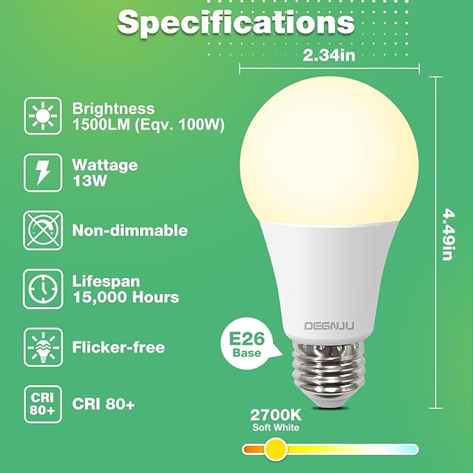 Light Bulbs,100 Watt Light Bulb Eqv, Warm Light Bulbs LED 1500LM, Soft White 2700K, 13W Bright Standard E26 Bulb, 15000H, Non-Dimmable, White LED Bulbs for Rooms, 3 Pack