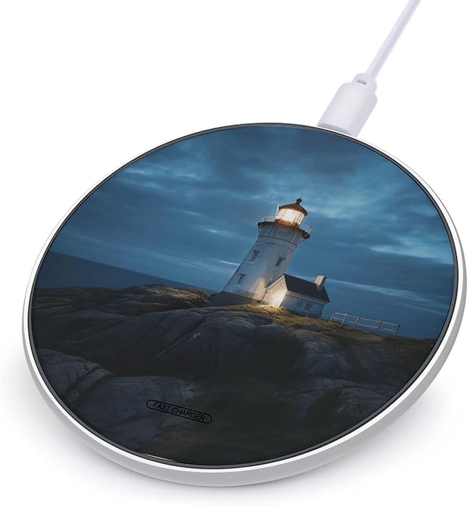 Lighthouse at Night Wireless Charger Portable 10W Fast Wireless Charging Pad Compatible with Phone Ultra-Thin Charging Station Lightweight Charger Mat for Travel Home Office Desk